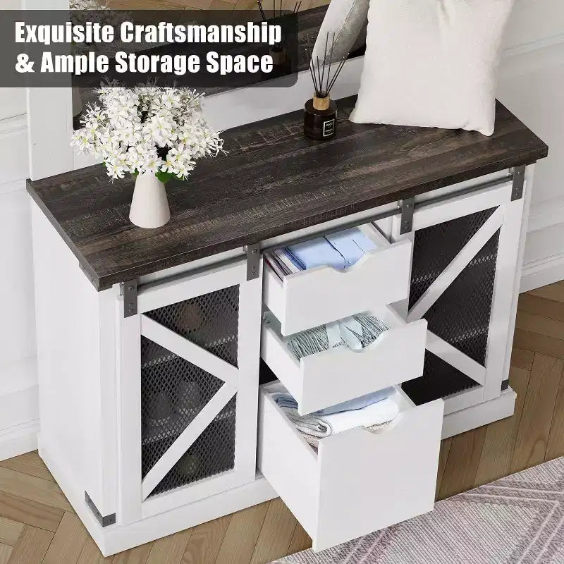 White Hall Tree with 7 Hooks, Shoe Cubbies, 3 Drawers & Dual Mirrors – Entryway Bench Organizer