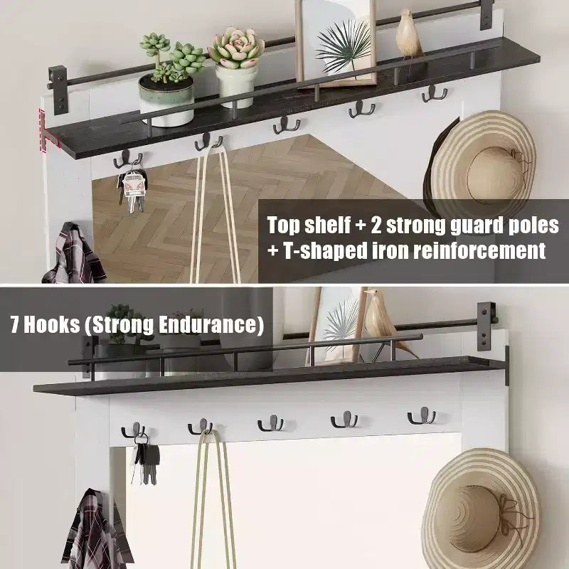 White Hall Tree with 7 Hooks, Shoe Cubbies, 3 Drawers & Dual Mirrors – Entryway Bench Organizer