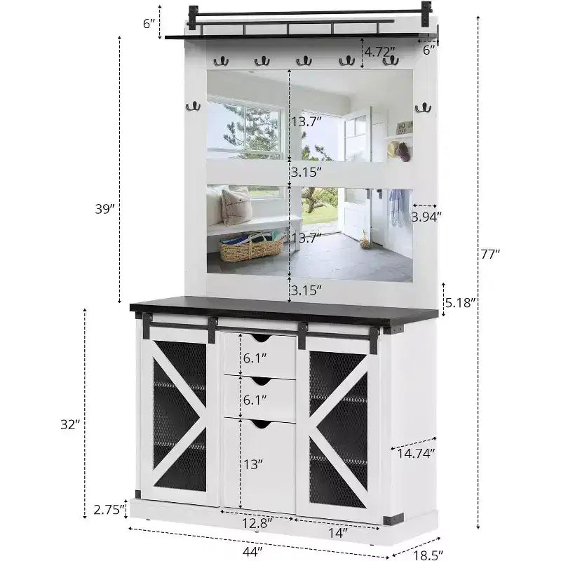 White Hall Tree with 7 Hooks, Shoe Cubbies, 3 Drawers & Dual Mirrors – Entryway Bench Organizer