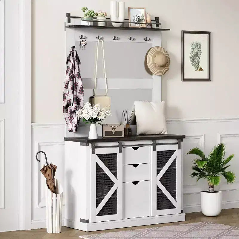 White Hall Tree with 7 Hooks, Shoe Cubbies, 3 Drawers & Dual Mirrors – Entryway Bench Organizer