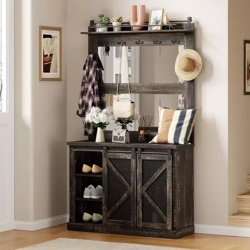 White Hall Tree with 7 Hooks, Shoe Cubbies, 3 Drawers & Dual Mirrors – Entryway Bench Organizer