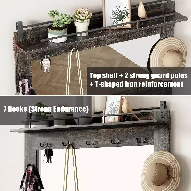 White Hall Tree with 7 Hooks, Shoe Cubbies, 3 Drawers & Dual Mirrors – Entryway Bench Organizer