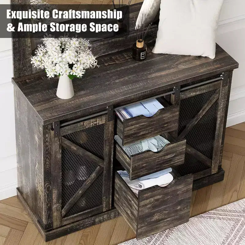 White Hall Tree with 7 Hooks, Shoe Cubbies, 3 Drawers & Dual Mirrors – Entryway Bench Organizer