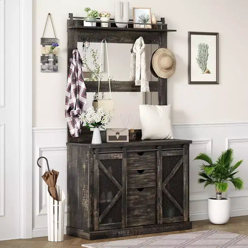 White Hall Tree with 7 Hooks, Shoe Cubbies, 3 Drawers & Dual Mirrors – Entryway Bench Organizer
