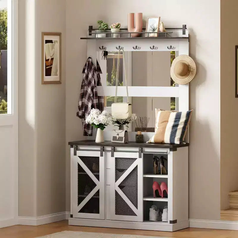 White Hall Tree with 7 Hooks, Shoe Cubbies, 3 Drawers & Dual Mirrors – Entryway Bench Organizer