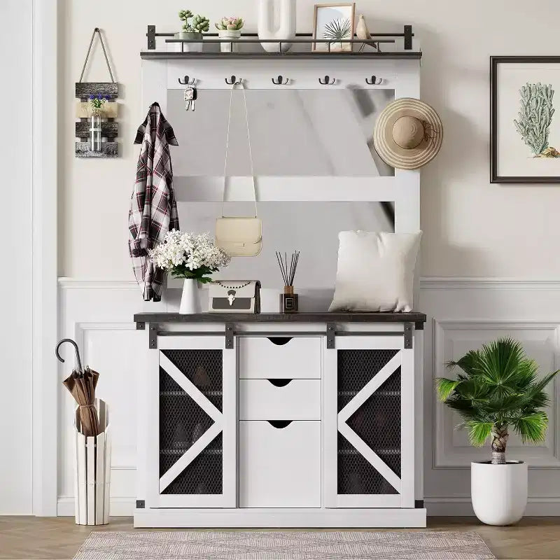White Hall Tree with 7 Hooks, Shoe Cubbies, 3 Drawers & Dual Mirrors – Entryway Bench Organizer