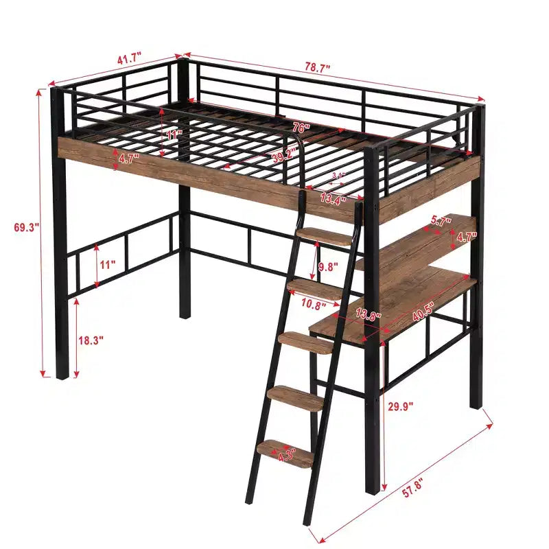 Twin Size Metal Loft Bed with Desk & Storage Shelves – Kids & Teens Bedroom Dorm Bed Frame