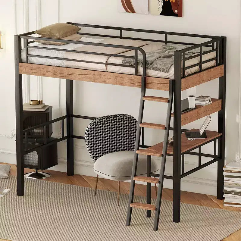 Metall-Etagenbett in Twin-Größe mit Schreibtisch & Ablageregalen – Kinder- & Jugendzimmer-Dorm-Bettgestell  