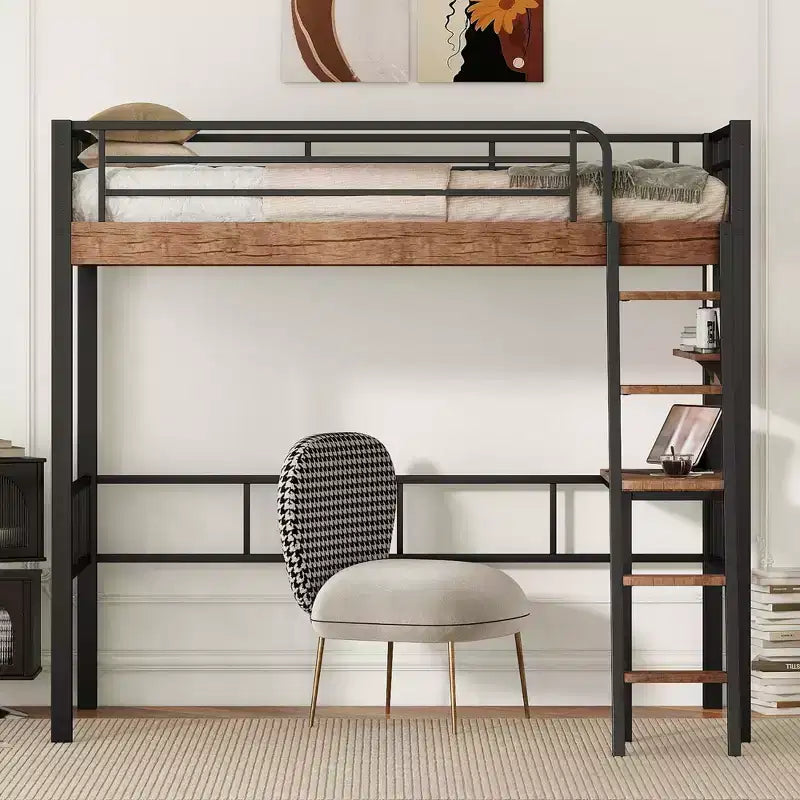 Twin Size Metal Loft Bed with Desk & Storage Shelves – Kids & Teens Bedroom Dorm Bed Frame