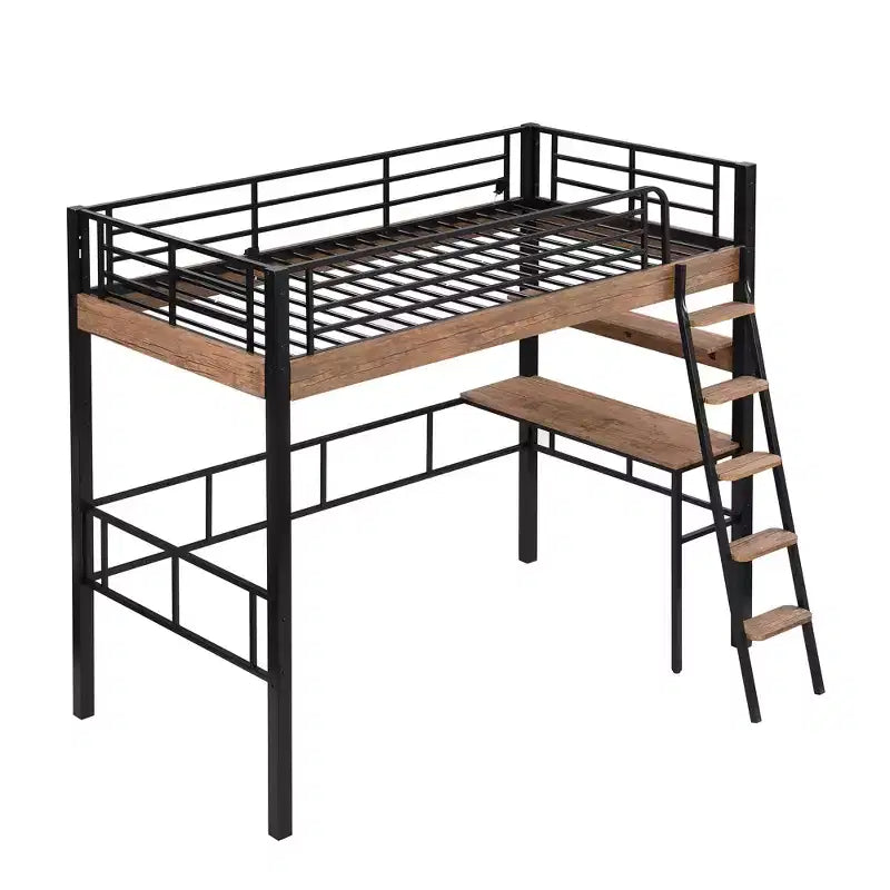Twin Size Metal Loft Bed with Desk & Storage Shelves – Kids & Teens Bedroom Dorm Bed Frame