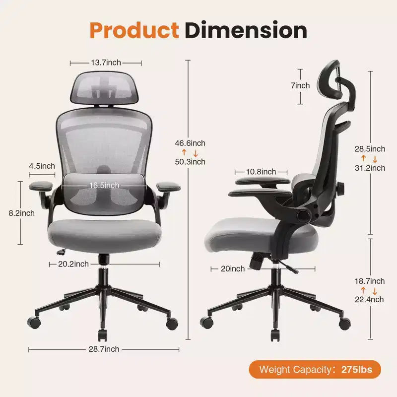 Ergonomischer Mesh-Bürostuhl mit verstellbarer Kopfstütze, Lendenstütze & Drehfunktion – Höhenverstellbarer Arbeitsstuhl  