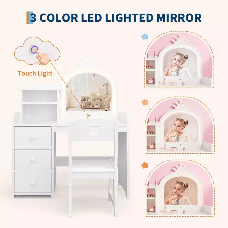 Kinderschminktisch mit Stuhl, Prinzessin-Holz-Schminktisch, Spiegel, Beleuchtung, Ablageregale und Schubladen, 2-in-1 Mädchen-Ankleidetisch  
