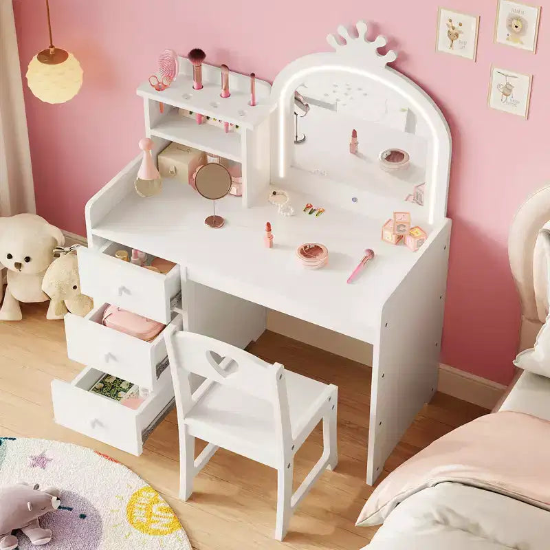 Kinderschminktisch mit Stuhl, Prinzessin-Holz-Schminktisch, Spiegel, Beleuchtung, Ablageregale und Schubladen, 2-in-1 Mädchen-Ankleidetisch  