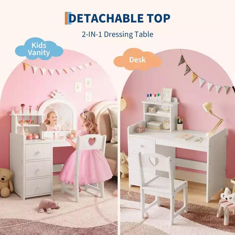 Kinderschminktisch mit Stuhl, Prinzessin-Holz-Schminktisch, Spiegel, Beleuchtung, Ablageregale und Schubladen, 2-in-1 Mädchen-Ankleidetisch  