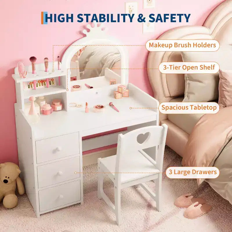 Kinderschminktisch mit Stuhl, Prinzessin-Holz-Schminktisch, Spiegel, Beleuchtung, Ablageregale und Schubladen, 2-in-1 Mädchen-Ankleidetisch  