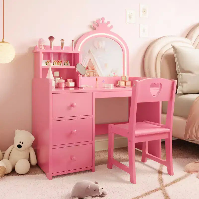 Kids Vanity Desk with Chair, Princess Wooden Makeup Vanity, Mirror, Lights, Storage Shelves and Drawers, 2-in-1 Girls Dressing Table