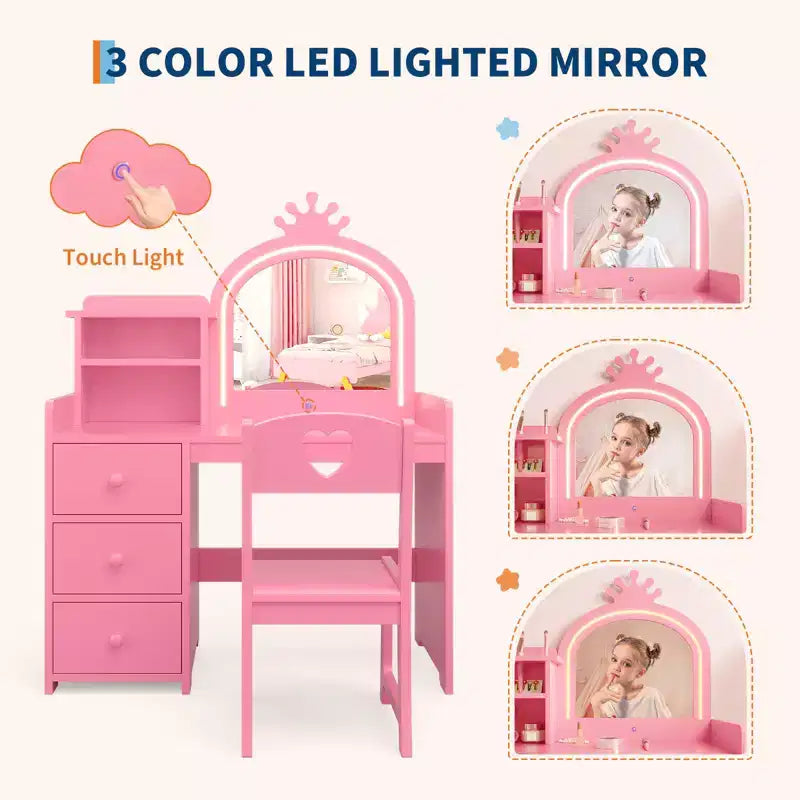 Kids Vanity Desk with Chair, Princess Wooden Makeup Vanity, Mirror, Lights, Storage Shelves and Drawers, 2-in-1 Girls Dressing Table