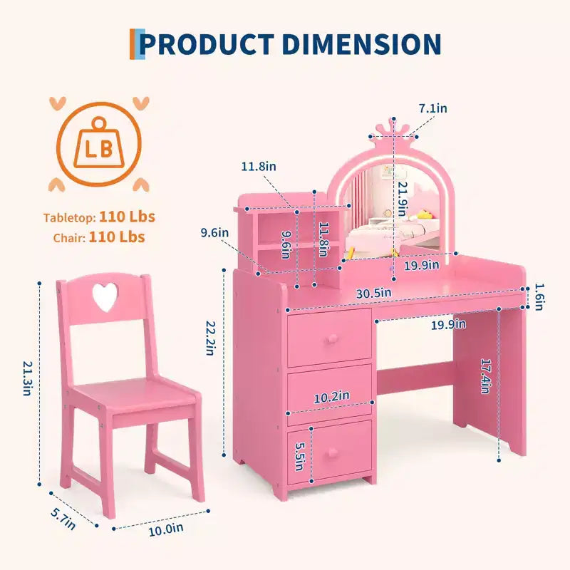 Kids Vanity Desk with Chair, Princess Wooden Makeup Vanity, Mirror, Lights, Storage Shelves and Drawers, 2-in-1 Girls Dressing Table