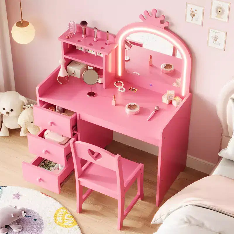Kids Vanity Desk with Chair, Princess Wooden Makeup Vanity, Mirror, Lights, Storage Shelves and Drawers, 2-in-1 Girls Dressing Table