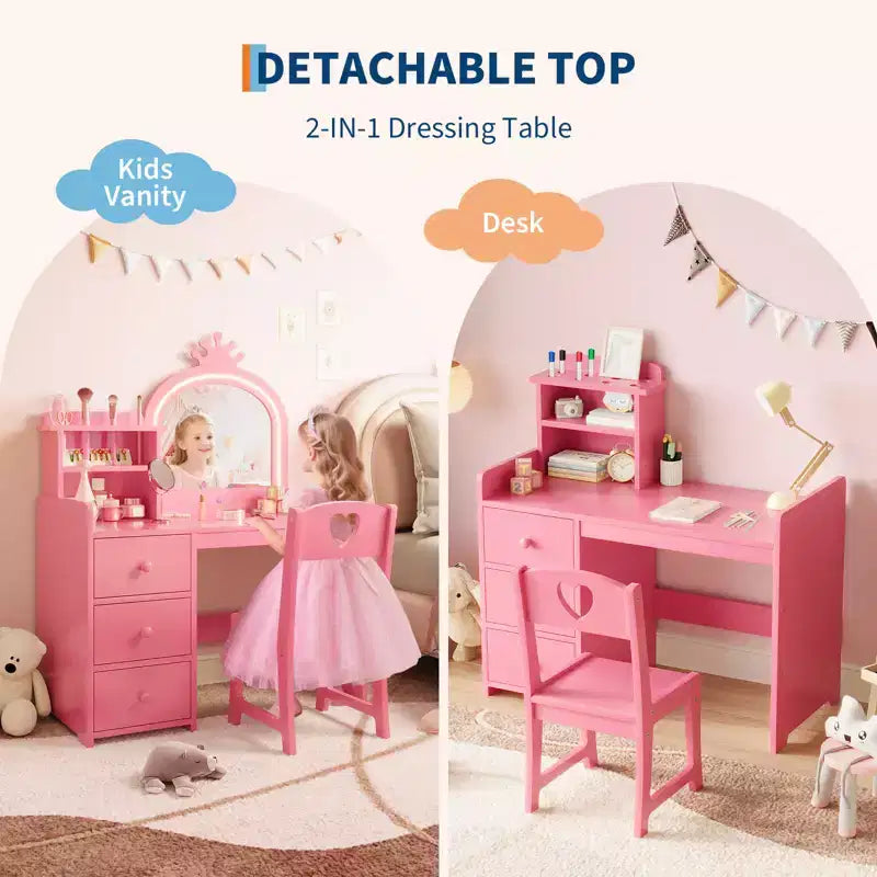 Kinderschminktisch mit Stuhl, Prinzessin-Holz-Schminktisch, Spiegel, Beleuchtung, Ablageregale und Schubladen, 2-in-1 Mädchen-Ankleidetisch  