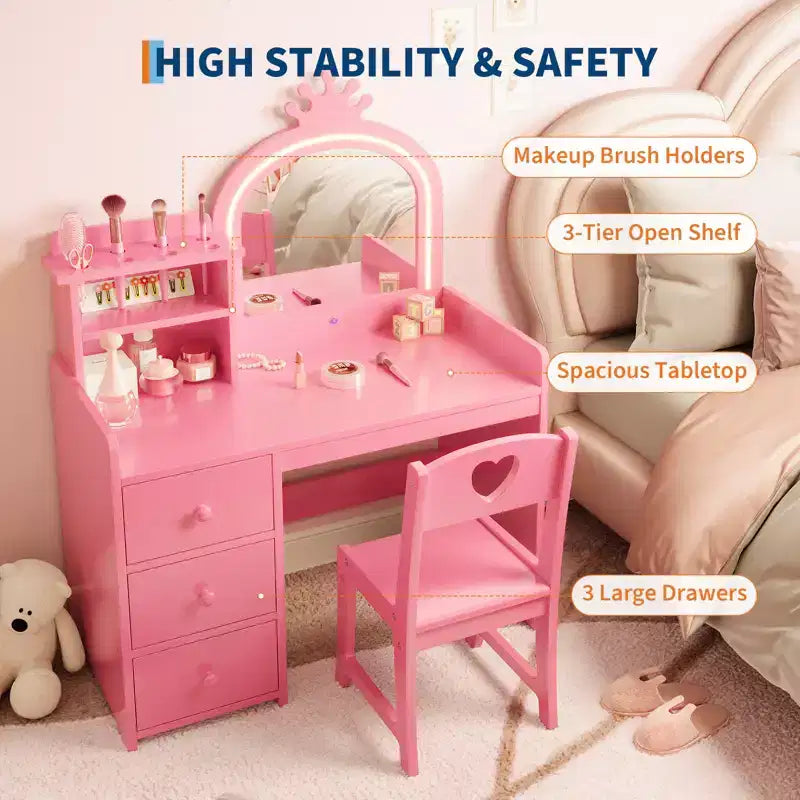 Kinderschminktisch mit Stuhl, Prinzessin-Holz-Schminktisch, Spiegel, Beleuchtung, Ablageregale und Schubladen, 2-in-1 Mädchen-Ankleidetisch  