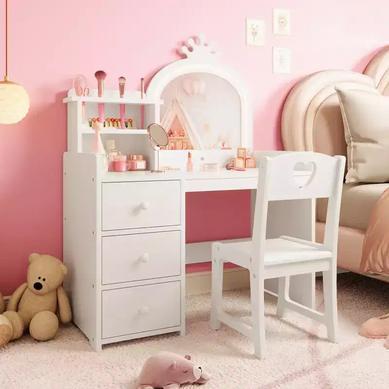 Kinderschminktisch mit Stuhl, Prinzessin-Holz-Schminktisch, Spiegel, Beleuchtung, Ablageregale und Schubladen, 2-in-1 Mädchen-Ankleidetisch  