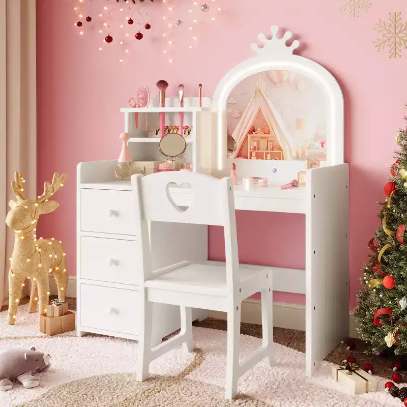 Kids Vanity Desk with Chair, Princess Wooden Makeup Vanity, Mirror, Lights, Storage Shelves and Drawers, 2-in-1 Girls Dressing Table