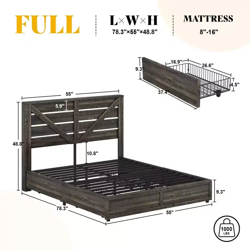 Platform Bed Frame with 4 Storage Drawers & Barn Door Headboard – Rustic Wood Grain, No Box Spring Needed