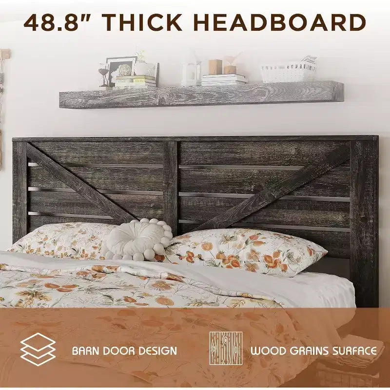Platform Bed Frame with 4 Storage Drawers & Barn Door Headboard – Rustic Wood Grain, No Box Spring Needed