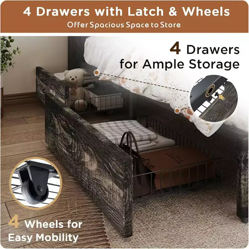 Platform Bed Frame with 4 Storage Drawers & Barn Door Headboard – Rustic Wood Grain, No Box Spring Needed