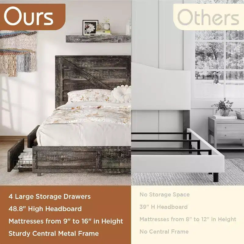 Platform Bed Frame with 4 Storage Drawers & Barn Door Headboard – Rustic Wood Grain, No Box Spring Needed