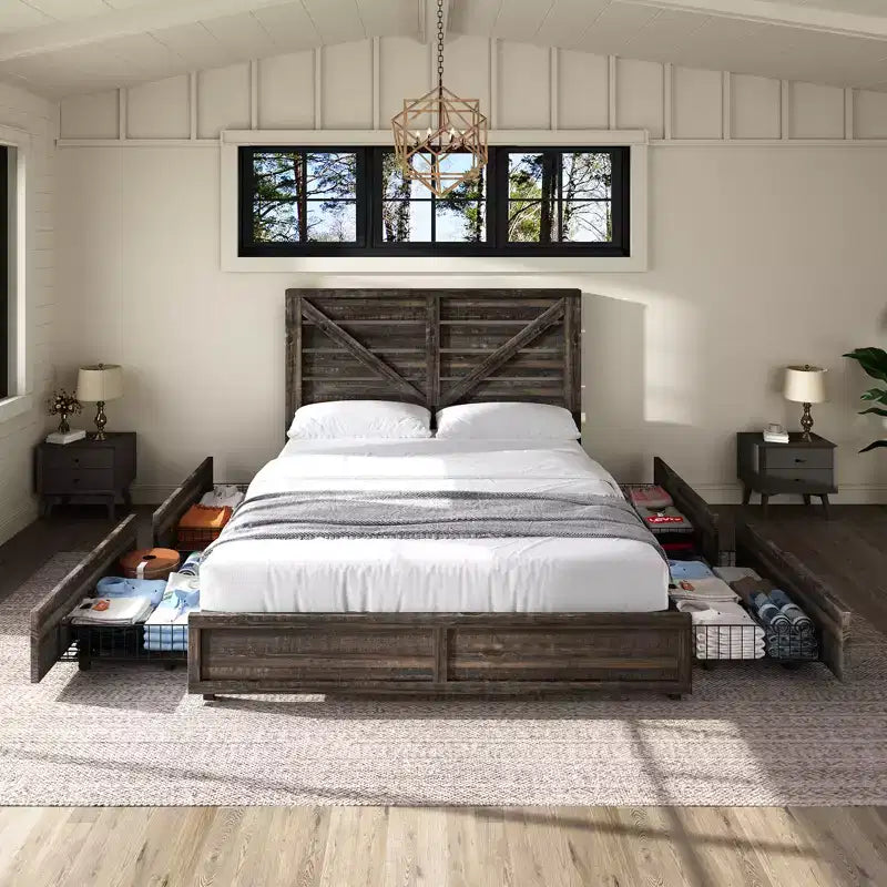 Platform Bed Frame with 4 Storage Drawers & Barn Door Headboard – Rustic Wood Grain, No Box Spring Needed