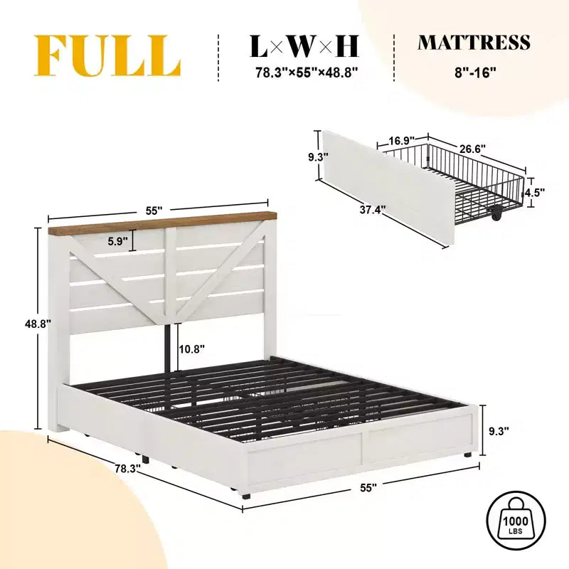 Platform Bed Frame with 4 Storage Drawers & Barn Door Headboard – Rustic Wood Grain, No Box Spring Needed