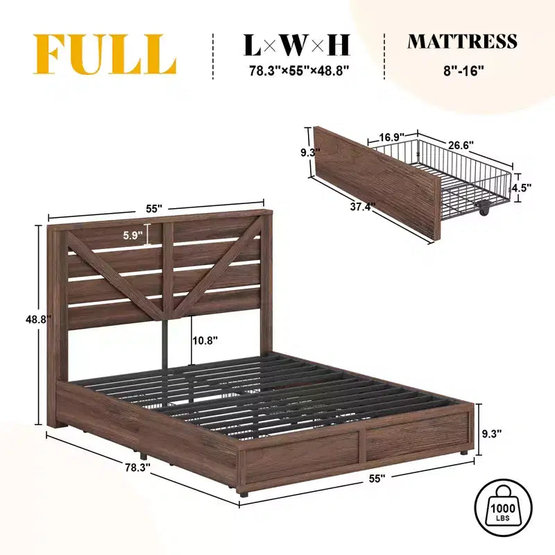 Platform Bed Frame with 4 Storage Drawers & Barn Door Headboard – Rustic Wood Grain, No Box Spring Needed