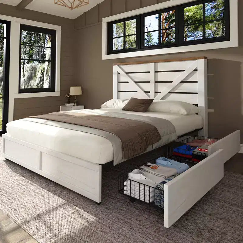 Platform Bed Frame with 4 Storage Drawers & Barn Door Headboard – Rustic Wood Grain, No Box Spring Needed