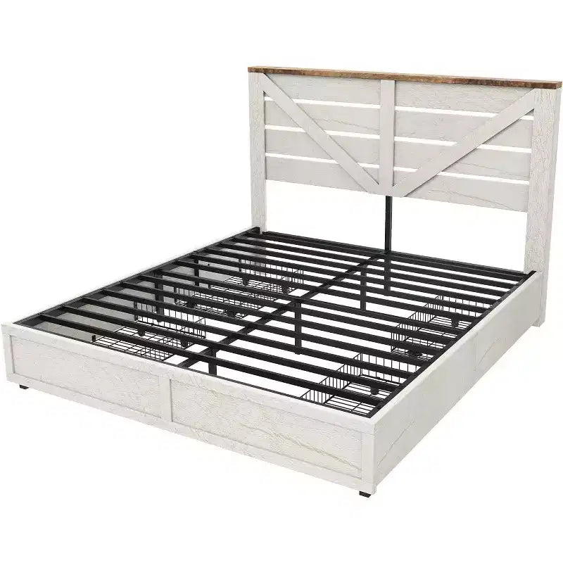 Platform Bed Frame with 4 Storage Drawers & Barn Door Headboard – Rustic Wood Grain, No Box Spring Needed