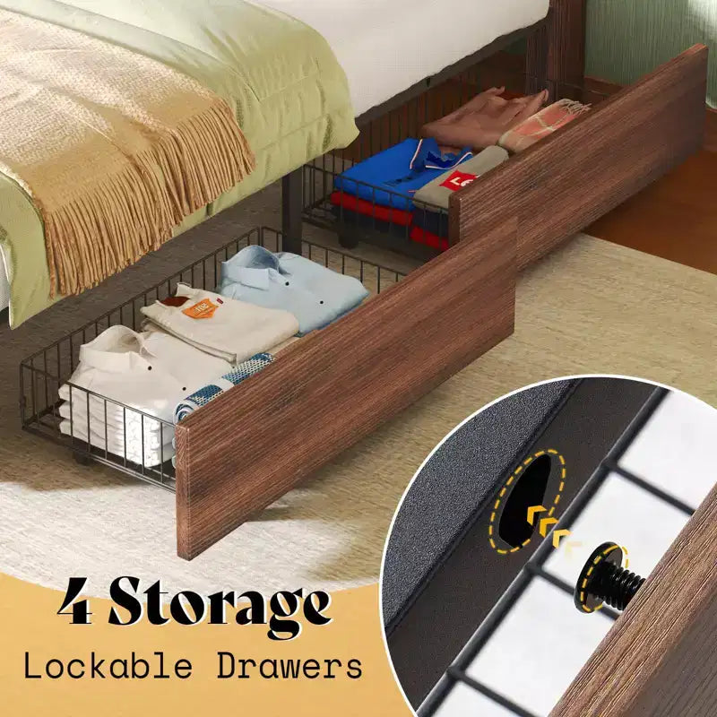 Platform Bed Frame with 4 Storage Drawers & Barn Door Headboard – Rustic Wood Grain, No Box Spring Needed