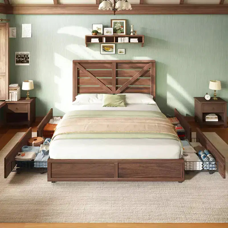 Platform Bed Frame with 4 Storage Drawers & Barn Door Headboard – Rustic Wood Grain, No Box Spring Needed