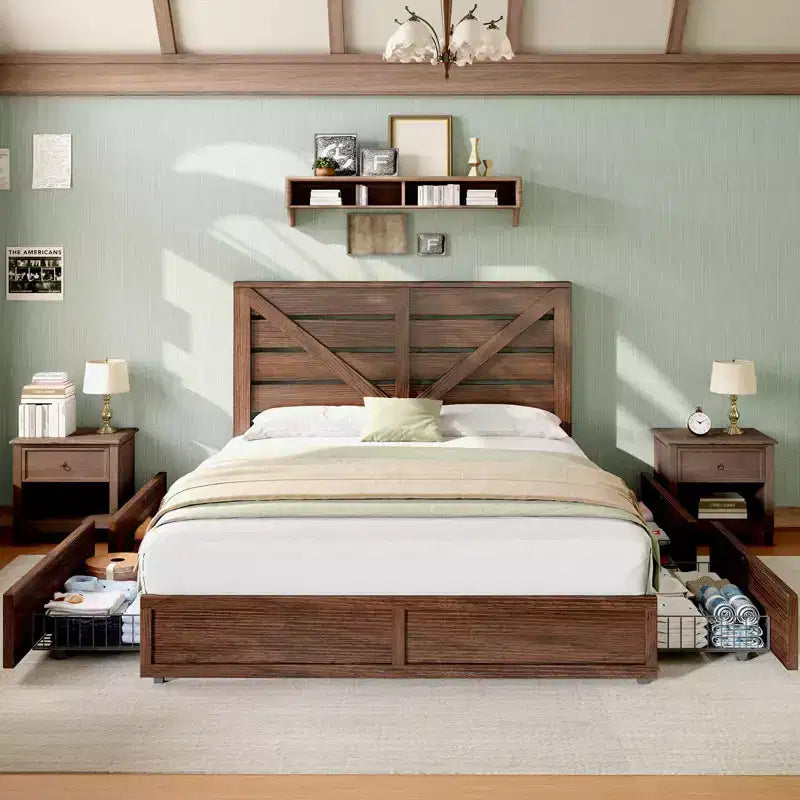 Platform Bed Frame with 4 Storage Drawers & Barn Door Headboard – Rustic Wood Grain, No Box Spring Needed
