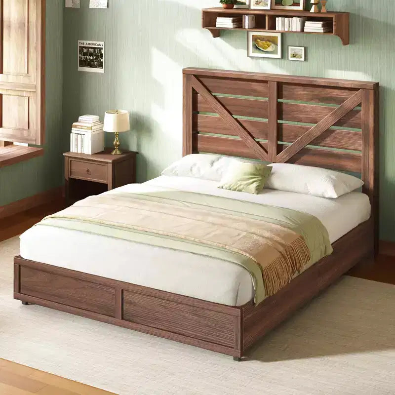 Platform Bed Frame with 4 Storage Drawers & Barn Door Headboard – Rustic Wood Grain, No Box Spring Needed