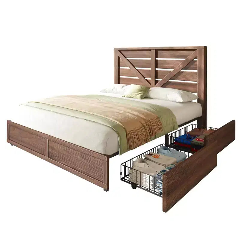 Platform Bed Frame with 4 Storage Drawers & Barn Door Headboard – Rustic Wood Grain, No Box Spring Needed