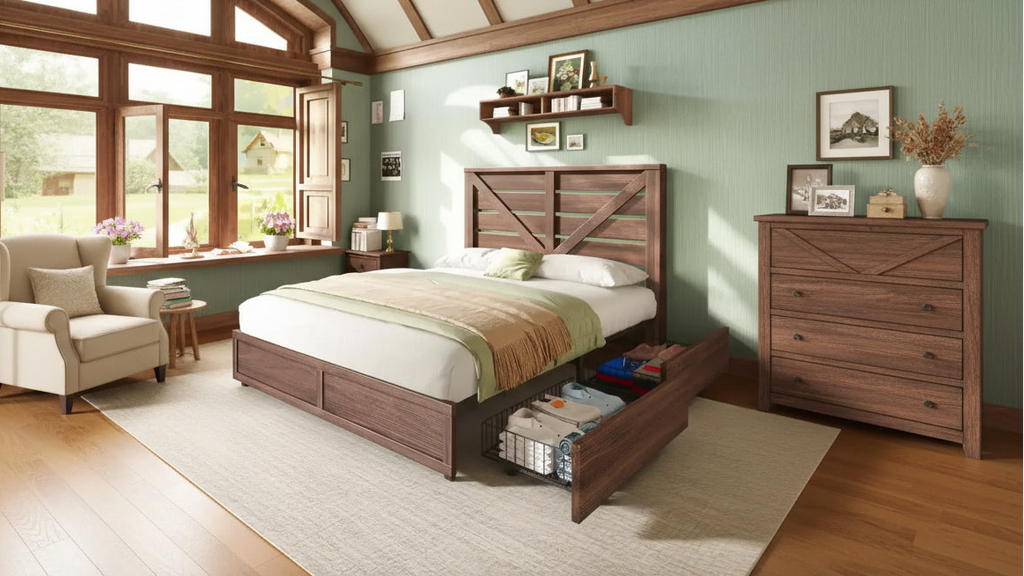 AMERLIFE 48.8 H Bed Frame with 4 Storage Drawers, Barn Door Headboard, Rustic Wood Grain, No Box Spring Needed