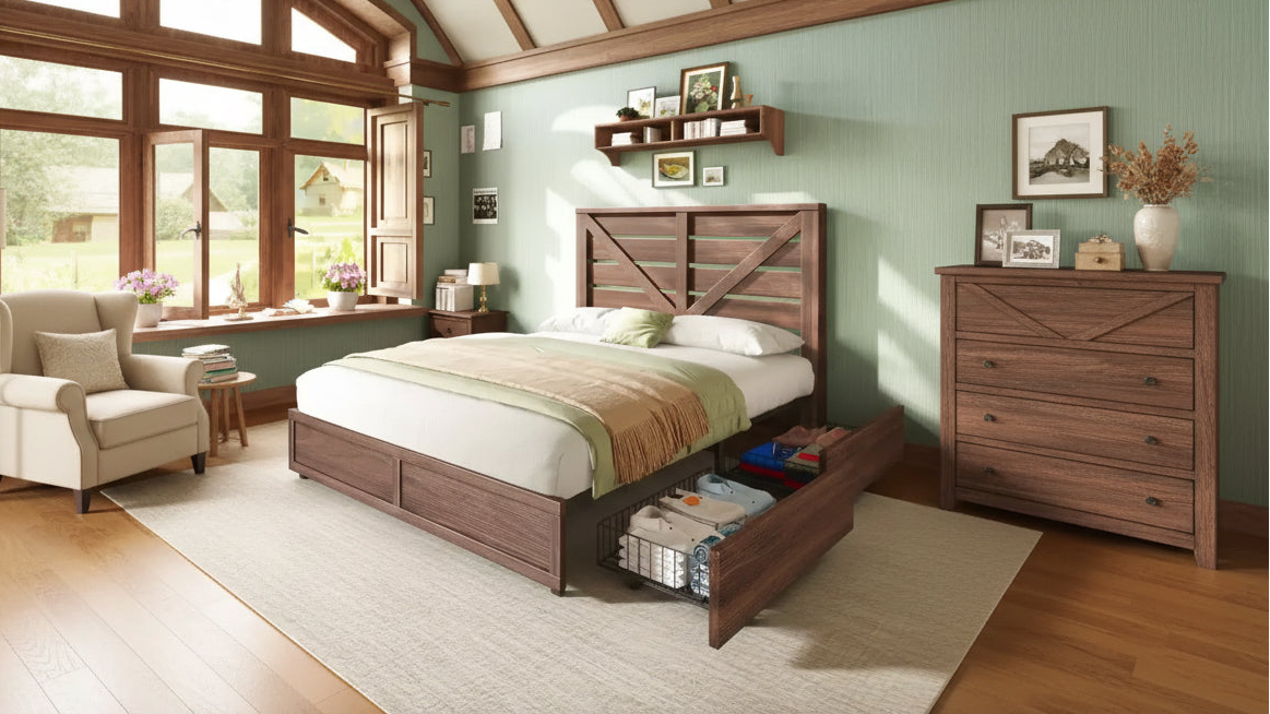 AMERLIFE 48.8 H Bed Frame with 4 Storage Drawers, Barn Door Headboard, Rustic Wood Grain, No Box Spring Needed