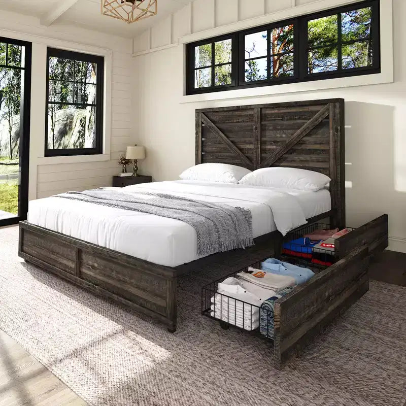 Platform Bed Frame with 4 Storage Drawers & Barn Door Headboard – Rustic Wood Grain, No Box Spring Needed