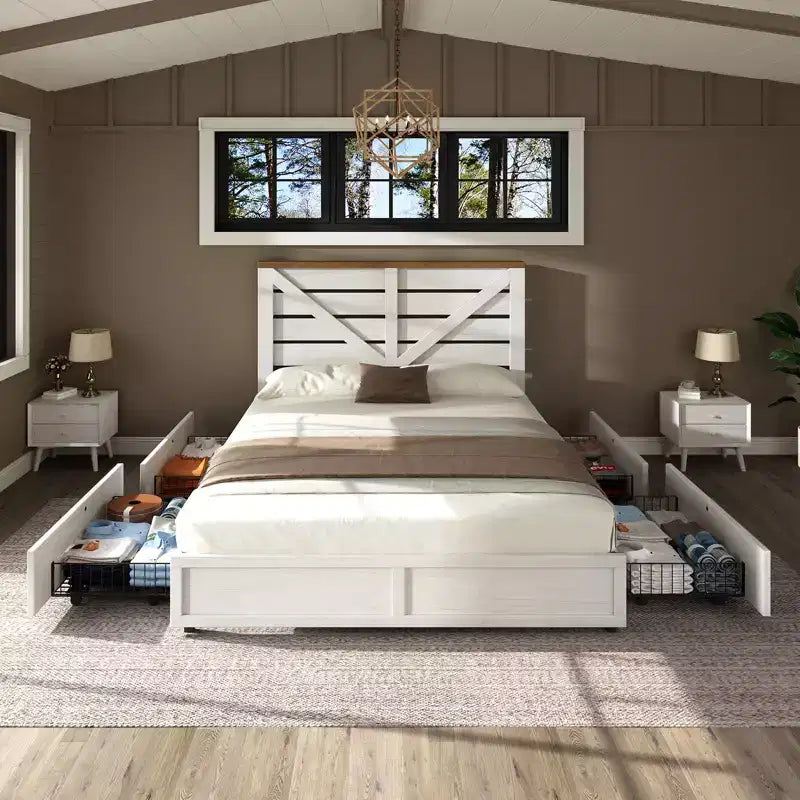 Platform Bed Frame with 4 Storage Drawers & Barn Door Headboard – Rustic Wood Grain, No Box Spring Needed
