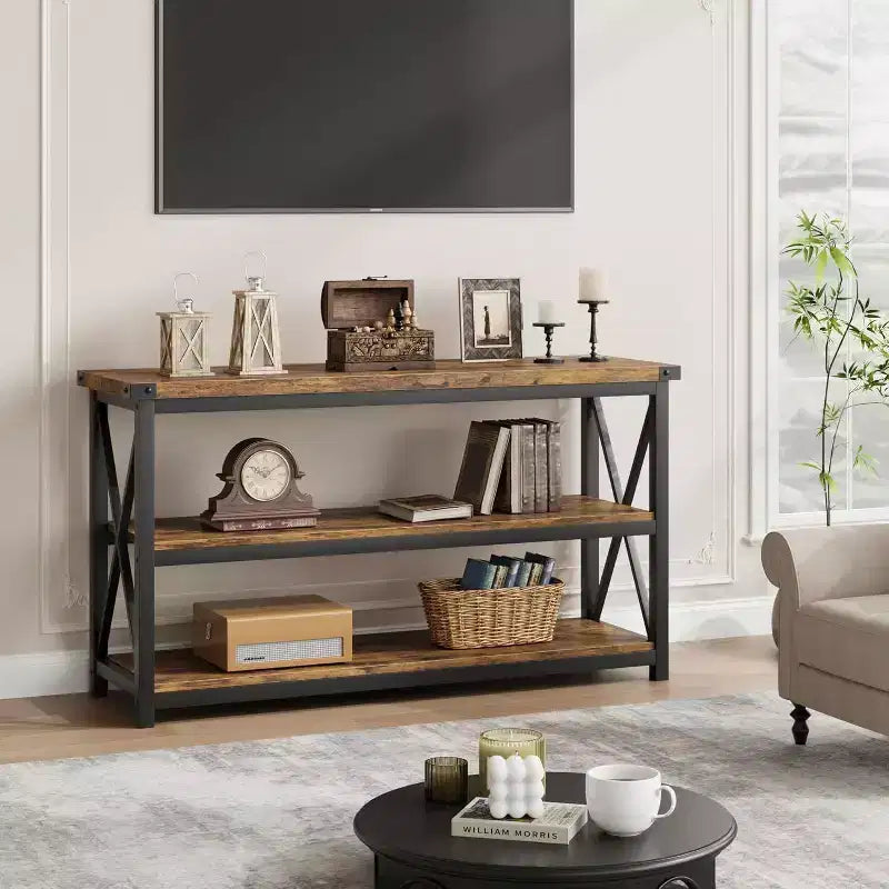 47" Industrial Console Table with 3 Storage Shelves – Sofa Table for Entryway, Hallway & Living Room
