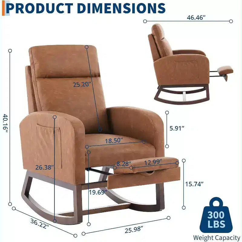 Rocking Chair with Footrest – Upholstered Glider Armchair with High Backrest & Side Pockets