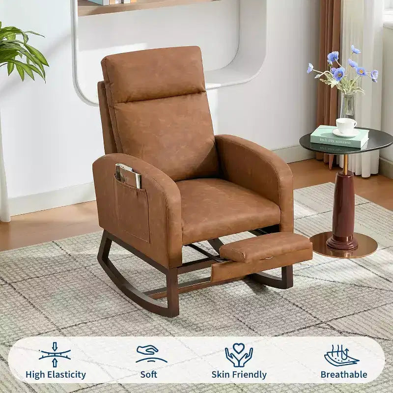 Rocking Chair with Footrest – Upholstered Glider Armchair with High Backrest & Side Pockets