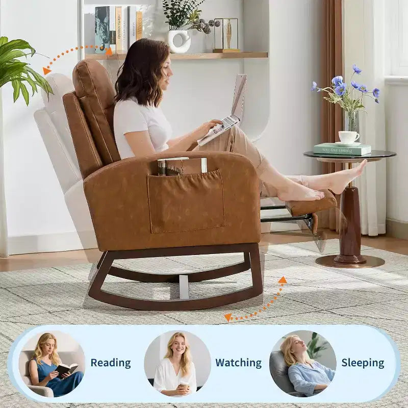 Rocking Chair with Footrest – Upholstered Glider Armchair with High Backrest & Side Pockets