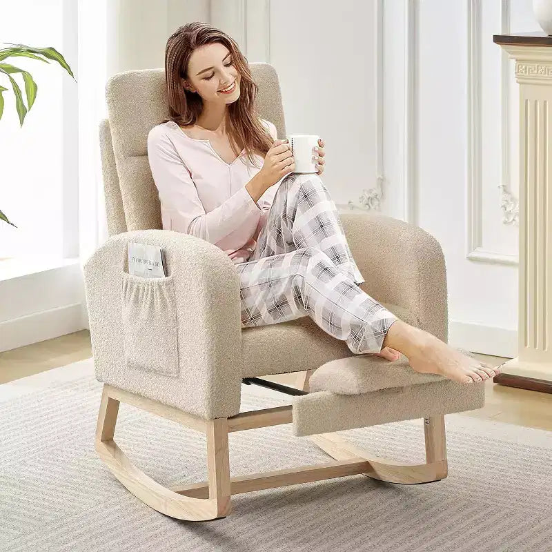 Rocking Chair with Footrest – Upholstered Glider Armchair with High Backrest & Side Pockets